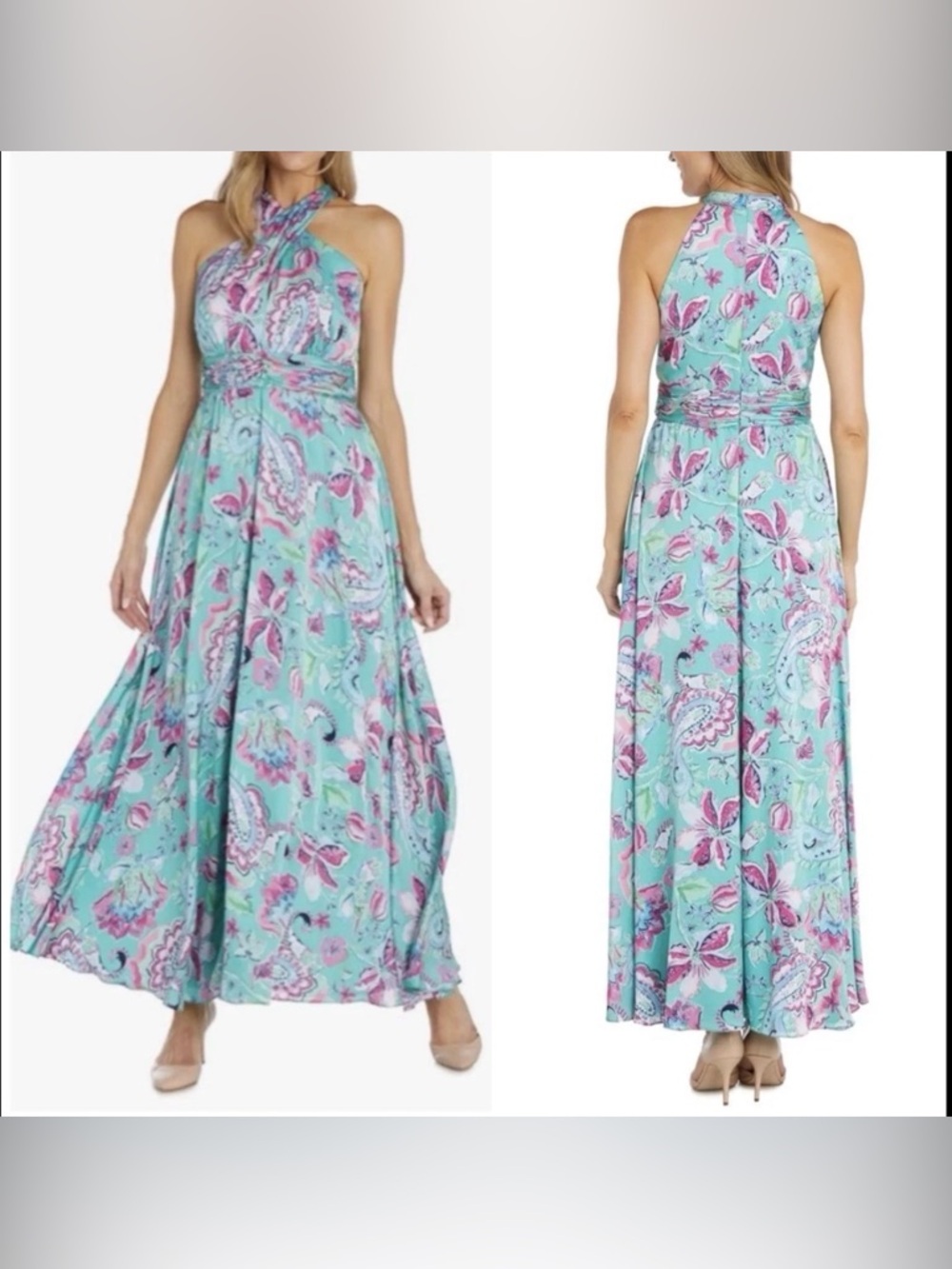 NWT R&M Richards Floral Cross Over Halter Dress In Jade/pink Retail $129